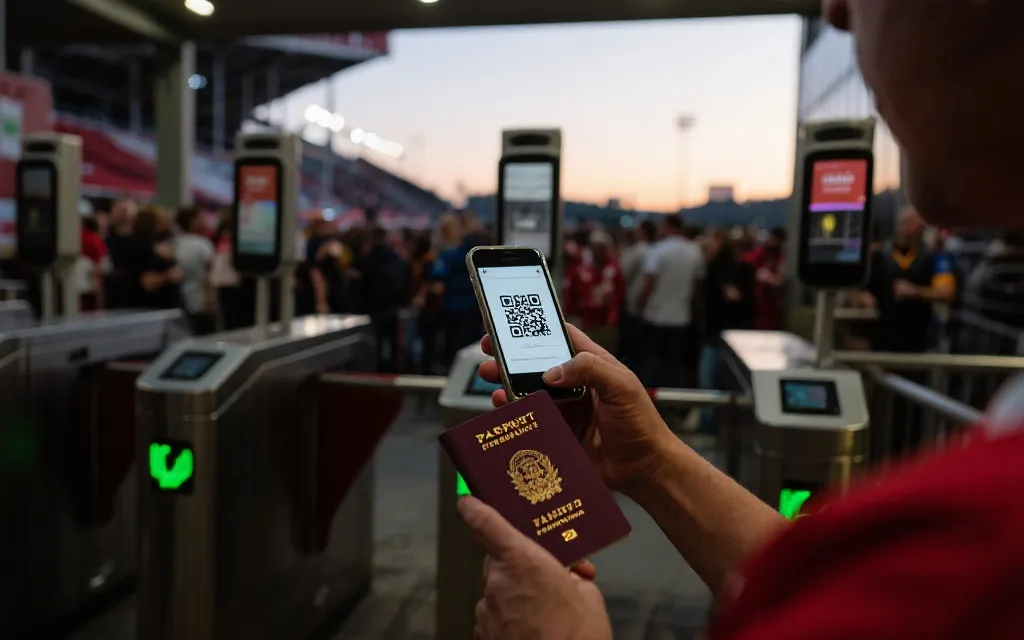 球场入口安检与验票闸机前，球迷手持护照与手机二维码的场景