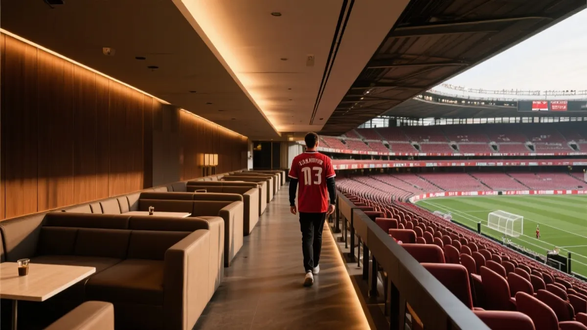 球迷在贵宾休息区与看台之间从容行走的观赛动线场景