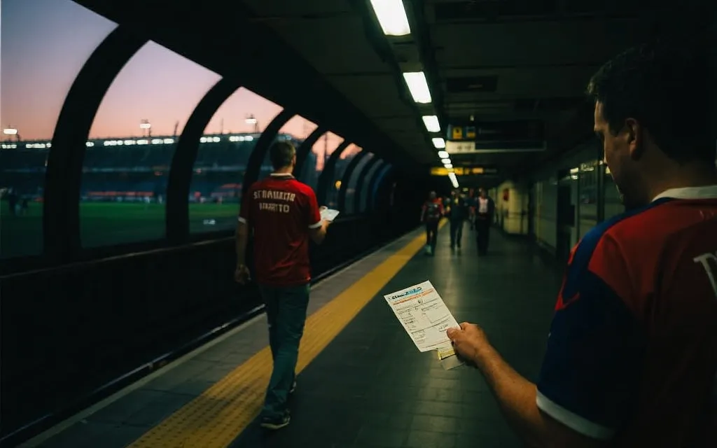 球迷拿着行程手册在城市地铁站与体育场之间移动的电影感场景