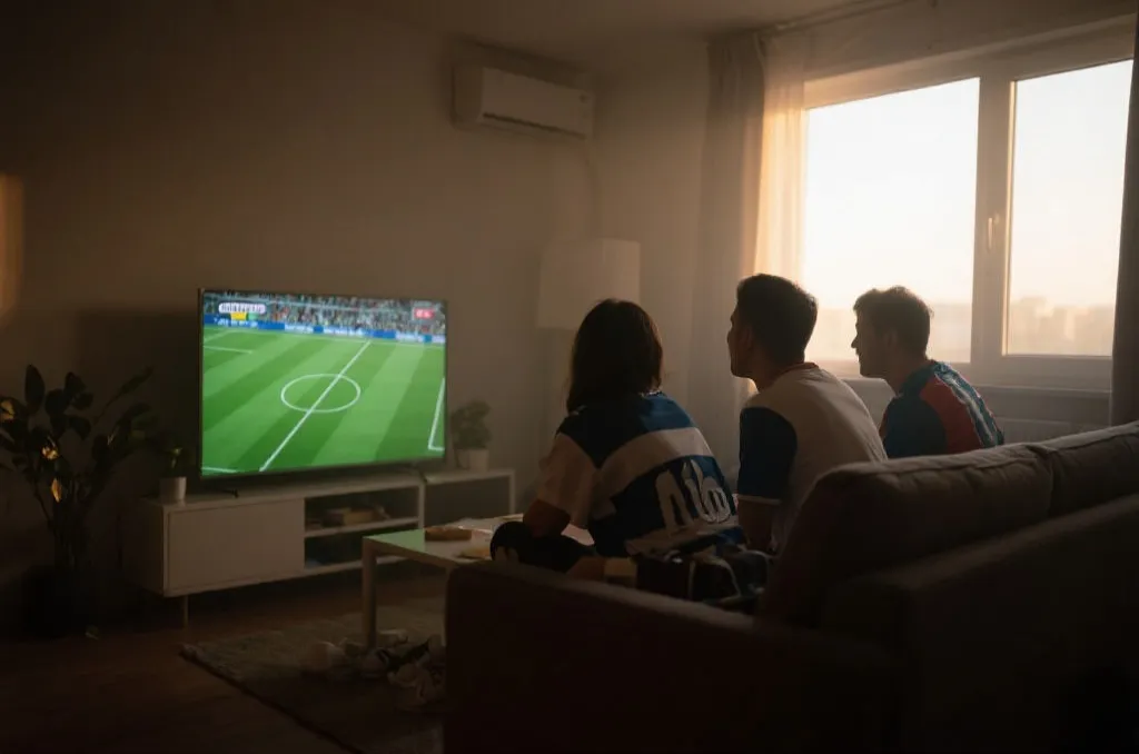 球迷在清晨观看世界杯直播的氛围图